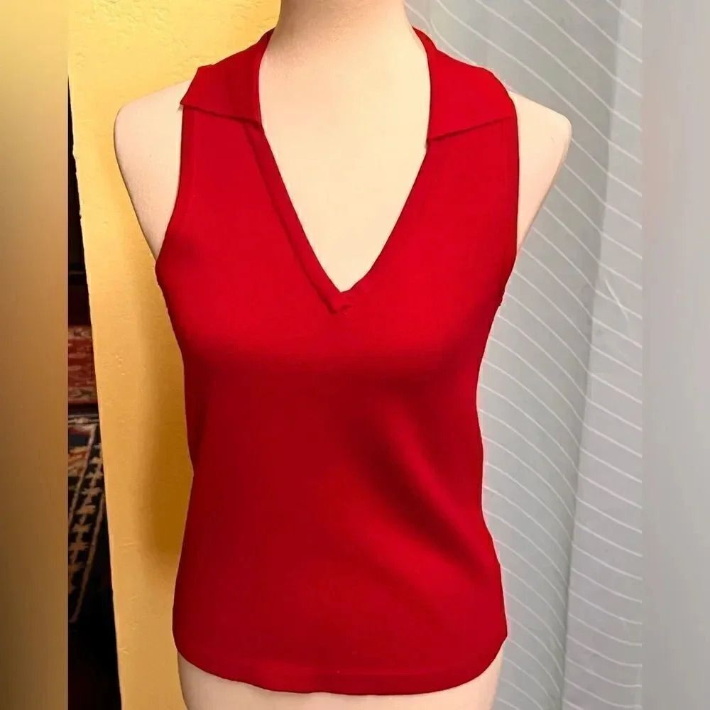 NWT Skies Ate Blue Vibrant Red V-Neck Sleeveless Top, Oh So Soft #YC7
